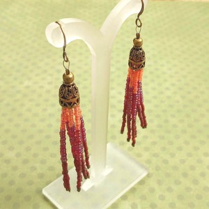 Fushia Dark Pink Purple Beaded Tassel Earrings With Antiqued Gold Plated Brass, Bronze Accents image 2