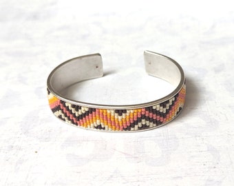 Silver Beaded Cuff Bracelet in Orange, Yellow and Brown Glass, Loomed Seed Beads on Antique Silver Plated Cuff Bracelet, Adjustable