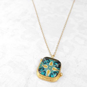 Spanish, Mexican, Catalina Tile, Red, Turquoise & Yellow on Satin Gold Pendant Catalina Pottery Design 7