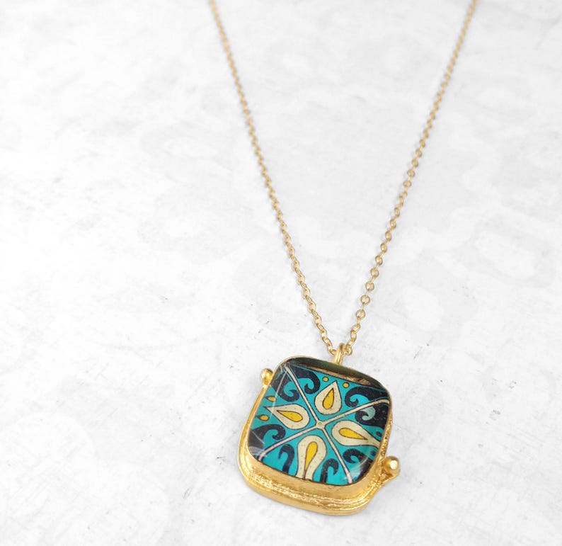Spanish, Mexican, Catalina Tile, Red, Turquoise & Yellow on Satin Gold Pendant Catalina Pottery Design 7