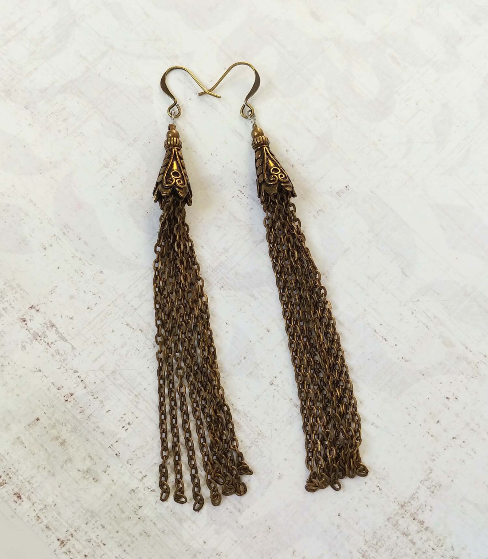 Chain Tassel Earrings, Antiqued Gold Plated Brass Chain With Antiqued