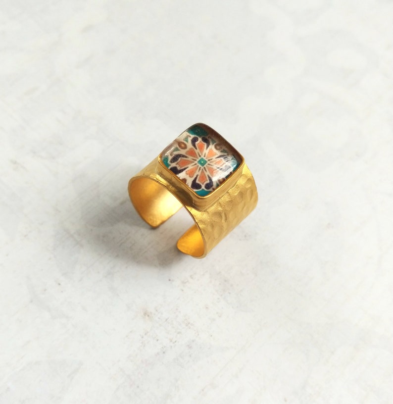 Tile Rings Catalina Tile Ring With Gold Brass Adjustable Band and Talavera Pottery ...