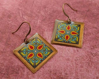 Red & Turquoise Tiles on Gold Plated Brass Earrings, Spanish, Mexican Talavera, Catalina and Mediterranean Tile Inspired