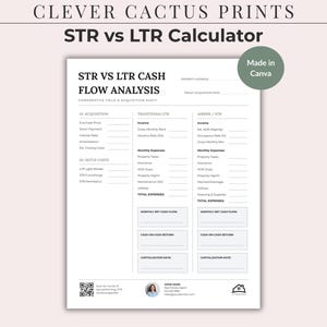 May include: A white paper document titled STR VS LTR CASH FLOW ANALYSIS with sections for acquisition, setup costs, traditional LTR, and Airbnb/STR. It includes blank lines for data entry, a QR code, a small circular photo, and a Made in Canva badge.