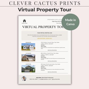 May include: A digital flyer for a virtual property tour, featuring the text "Virtual Property Tour" and "Made in Canva." The flyer includes property details, images of homes, and contact information for a real estate professional.
