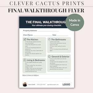 May include: A printable final walkthrough flyer from Clever Cactus Prints. The checklist includes sections for the kitchen, bathrooms, living areas, and exterior. The flyer is designed in Canva and includes space for property address, client name, and date.