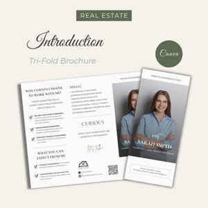 Può includere: Un modello di brochure immobiliare a tre ante con sfondo bianco e testo nero. Il layout include sezioni intitolate Introduction, Why Clients Choose To Work With Me, Hello e Curious, insieme alla foto di un professionista.