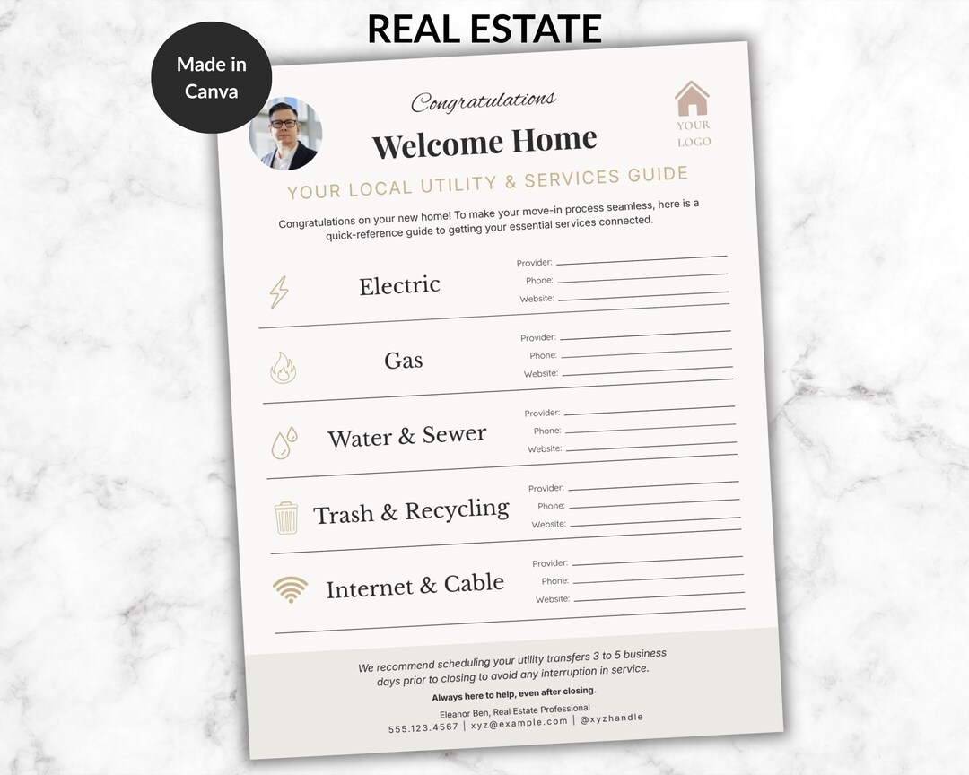 Real Estate Utility Guide Template Buyer Closing Gift Welcome Home ...