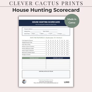 May include: A white house hunting scorecard document with dark blue headers. It includes fields for property address, price, date, and quick stats. A rating section from 1 to 10 for features, pros and cons columns, and a notes section are included.