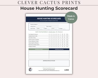 House Hunting Scorecard for Real Estate Agents: Editable Buyer Tour Rating Sheet, Canva Template