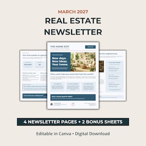 Vorlage für einen Immobilien-Newsletter (März 2027) | Bearbeitbares blaues Canva-Bundle