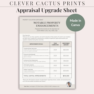 May include: A beige document titled "Appraisal Upgrade Sheet" with the Clever Cactus Prints logo. The sheet details property enhancements, including kitchen renovation and HVAC upgrades, with investment amounts and completion years.