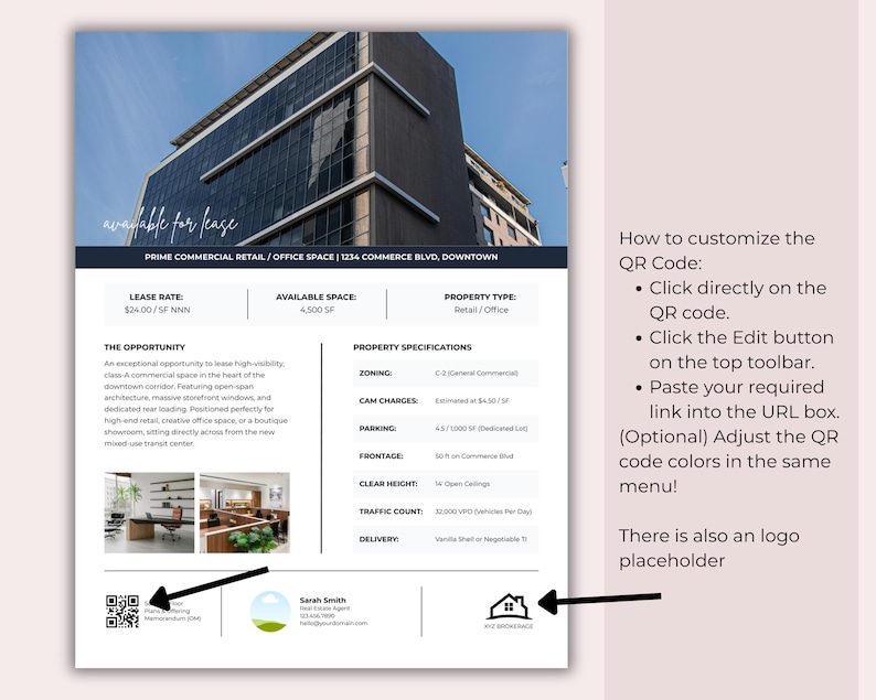 Commercial Real Estate Flyer Canva Template for Lease Office Retail ...