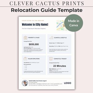 May include: A white and light gray Relocation Guide Template with the text "Welcome to [City Name]" and "Made in Canva". The guide includes sections on property, climate, major employers, and commute times.