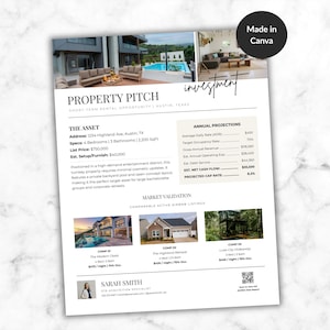 May include: A white property pitch flyer for a short-term rental in Austin, Texas. It features photos of a house with a pool, property specifications, annual financial projections, market validation with comparable listings, and contact information for Sarah Smith.