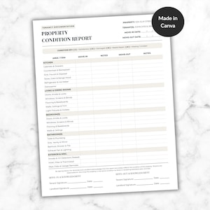 May include: A white Property Condition Report document featuring black text and a table layout for tracking move-in and move-out details across various rooms like the kitchen, living room, bedroom, and bathroom, with a black circular Made in Canva badge.