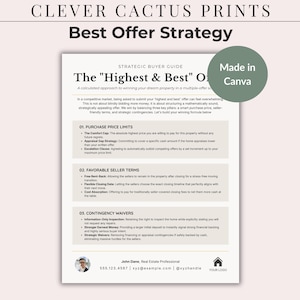 May include: A beige document titled "Best Offer Strategy" with the text "The 'Highest & Best' Offer" and "Strategic Buyer Guide." The document includes bullet points and a photo of a person. The top of the document reads "CLEVER CACTUS PRINTS."