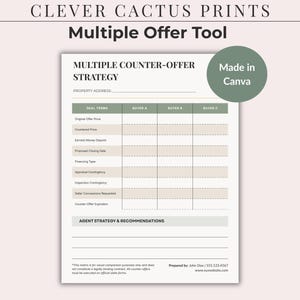 May include: A printable real estate Multiple Counter-Offer Strategy tool by Clever Cactus Prints. The document features a table to compare offers, with sections for deal terms and buyer information. Includes the text "Made in Canva".