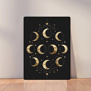Celestial Moon Phases Wall Art, Black and Gold Line Art Poster, Boho Spiritual Decor, Lunar Bedroom Print, Witchy Digital Download