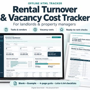 May include: A digital rental turnover and vacancy cost tracker displayed on a laptop screen, featuring a dashboard with financial data, task lists, and vacancy metrics, alongside printed checklists for property management.