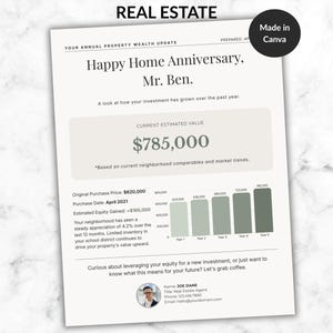 Peut inclure: Document immobilier avec le texte "Happy Home Anniversary, Mr. Ben." Le document comprend des données financières, un graphique et le texte "Your Annual Property Wealth Update." Le document est étiqueté "Made in Canva."