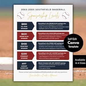 Op de afbeelding: Een flyer met honkbal sponsorniveaus met een crèmekleurige achtergrond, honkbalafbeeldingen en tekst in marineblauw en goud. De flyer vermeldt sponsorniveaus van $200 tot $800, met details over voordelen zoals logo-weergave en vermeldingen op sociale media.