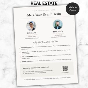 May include: A cream-colored real estate flyer with the text "Meet Your Dream Team" and headshots of two property specialists. The flyer includes contact information, a QR code, and the text "Ready to Secure Your Financing?" The flyer was made in Canva.