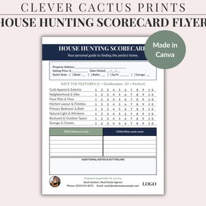 House Hunting-scorekaart voor makelaars: bewerkbaar beoordelingsblad kopersrondleiding, canva-sjabloon