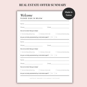 Op de afbeelding: Een wit formulier voor een samenvatting van een vastgoedaanbod met de tekst "Welcome" en velden voor naam, telefoon en e-mail. Bevat selectievakjes voor opties voor kopers en verkopers. Een zwarte cirkel met "Made in Canva" staat rechtsboven.