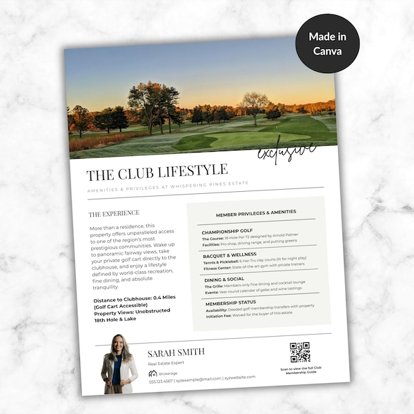 Luxury Real Estate Flyer Country Club Amenities Realtor Canva Template Listing Handout