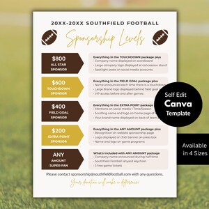 May include: A promotional flyer for Southfield Football, detailing sponsorship levels and benefits. The design includes football graphics, text, and a call to action for inquiries. The flyer is available in four sizes.