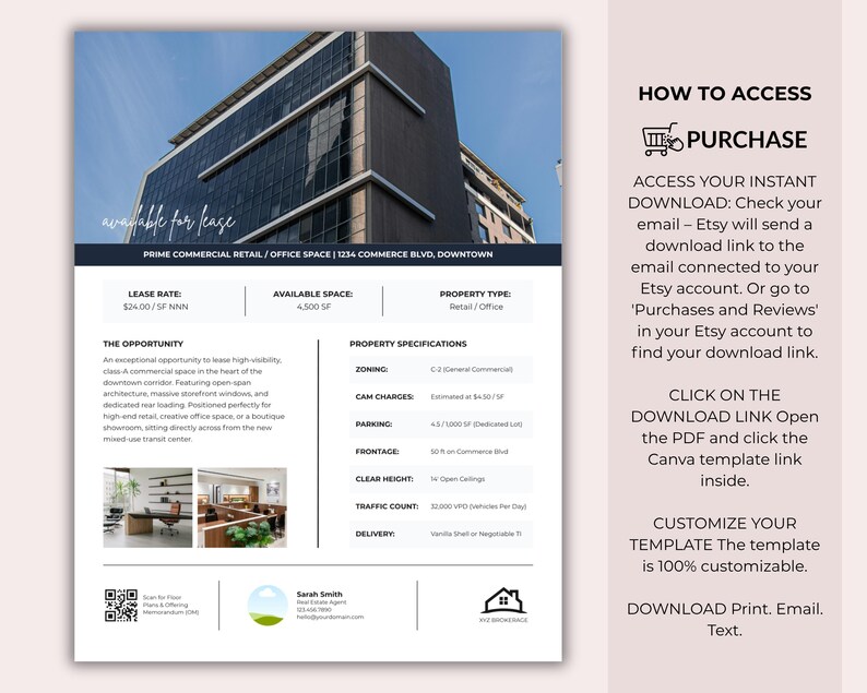 Commercial Real Estate Flyer Canva Template for Lease Office Retail ...