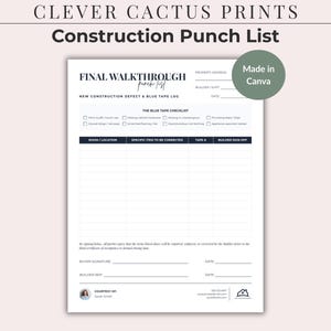 May include: A white construction punch list document titled Final Walkthrough Punch List with sections for property address, builder, date, and a blue tape checklist for defects, including columns for room, item, tape number, and builder sign-off.