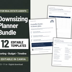 Op de afbeelding: Een digitaal verhuisplanner-pakket voor makelaars met 12 bewerkbare Canva-sjablonen. De documenten meten 21,59 bij 27,94 cm en bevatten een sorteerplan per kamer, een checklist voor de verhuisdag en handleidingen voor ondersteuning.