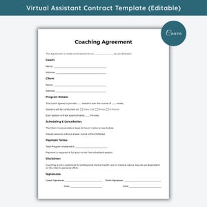 Könnte beinhalten: Ein weißes Dokument mit der Überschrift Coaching Agreement, schwarzem Text und Leerzeilen für Informationen. Das Dokument enthält Abschnitte für Coach- und Kundendaten, Programmdetails, Terminplanung, Zahlungsbedingungen, Haftungsausschluss und Unterschriften.