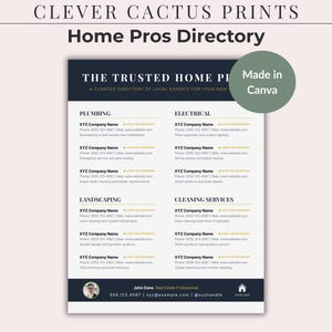 May include: A printable home pros directory template featuring the text Clever Cactus Prints and Home Pros Directory. The document includes sections for plumbing, electrical, landscaping, and cleaning services with placeholders for company names.