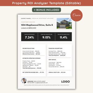 May include: A Property ROI Analyzer template document featuring sections for investment analysis, income projections, operating expenses, financing assumptions, and debt service. The document includes a photo of a house, financial data, and placeholders for agent details and a logo.