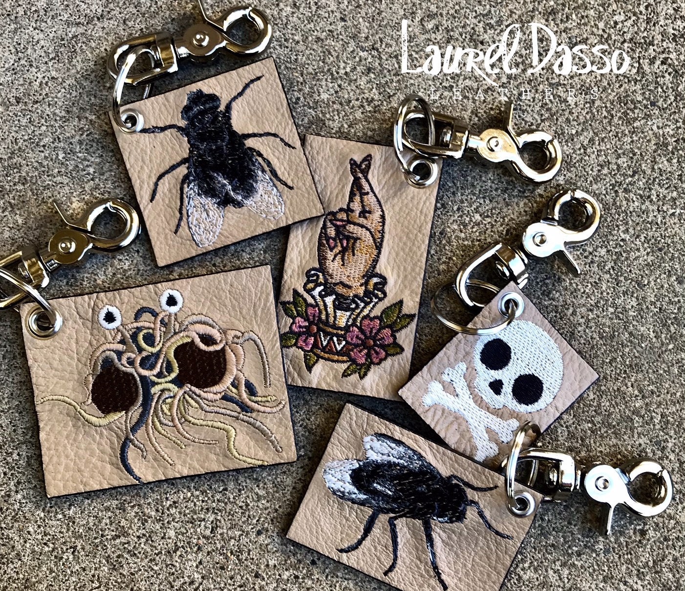 Leather Bag charm Key ring Zipper pull embroidered leather Laurel Dasso