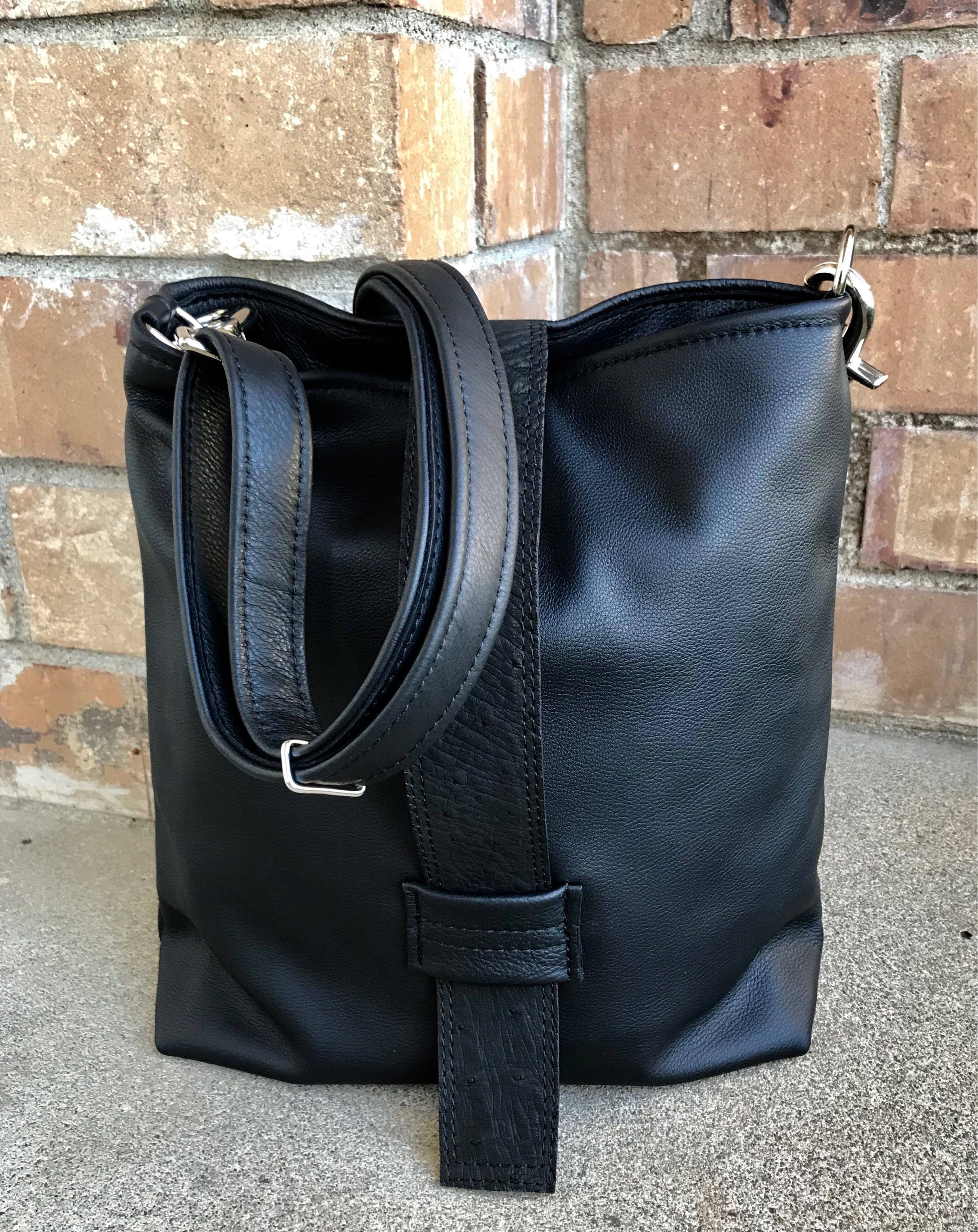 Medium Black Leather Tote Bag With Genuine Ostrich Hide Etsy