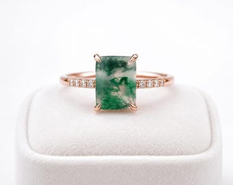 Anillo de compromiso de ágata musgosa natural, anillo de ágata musgosa de corte rectangular, anillo de promesa de oro rosa, anillo minimalista de piedras preciosas