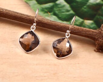 Boucles d'oreilles pendantes faites main en argent sterling avec quartz fumé