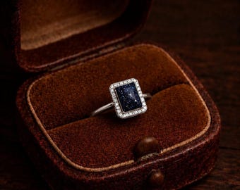 Blue Galaxy Stone-ring – achthoekige sterlingzilveren sierlijke beloftering