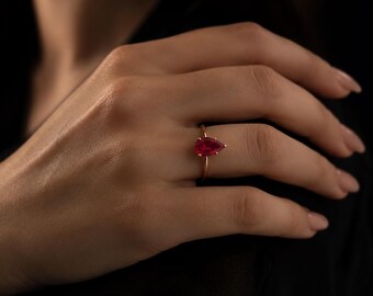 Natural Garnet Pear Cut Ring, Teardrop Garnet Engagement Ring, January Birthstone Jewelry, Gift for Her