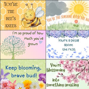 May include: A collection of eight greeting cards with inspirational messages and floral or nature-themed illustrations. The cards feature phrases like "You're the bee's knees" and "Keep blooming, brave bud!" with images of bees, flowers, and sunshine.