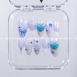 Joonie BTS Press-On Nails | RM Inspired Nail Art with Koya BT21 | Blue & Silver Korean Style Nails | Handmade Kpop Nails | Aprés Gel-X