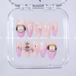Mochi BTS Press-On Nails | Jimin Inspired Nail Art with Chimmy BT21 | Korean Kpop Nails in Peach and Pink | Aprés Gel-X