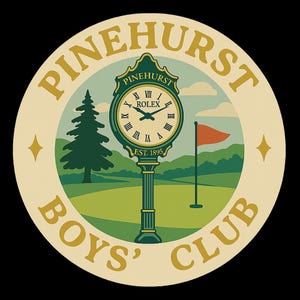May include: Circular emblem featuring the text "PINEHURST BOYS' CLUB" in gold lettering. A green clock tower with a Rolex clock face is centered, with a golf course scene and a red flag. A tall green pine tree is on the left.