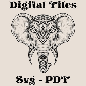 May include: Black and white illustration of an elephant's head with intricate patterns. The image includes the text "Digital Files" at the top and "Svg - PDF" at the bottom. The elephant design is detailed and symmetrical.