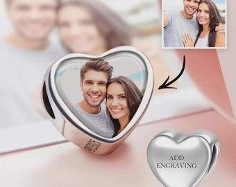 Engraved Heart Photo Charm | Personalized Silver Bracelet Charm