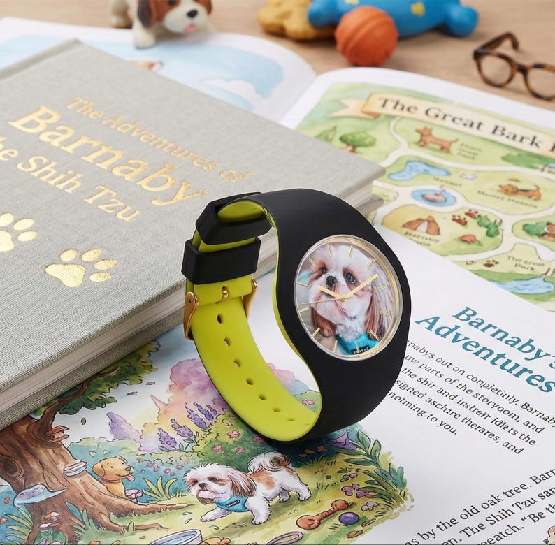 May include: A black and yellow wristwatch with a portrait of a Shih Tzu dog on the face. The watch is on top of a book titled "The Adventures of Barnaby the Shih Tzu". The watch band is yellow and black.